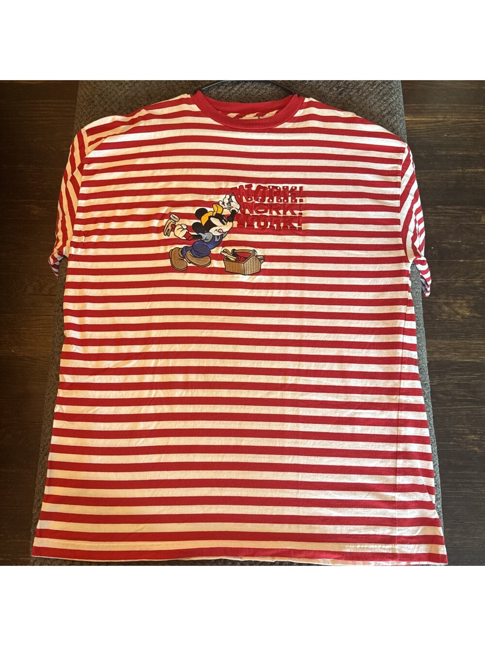 Disney Store Mickey Mouse “Work Work Work” Embroidered Striped T-Shirt Mens XL